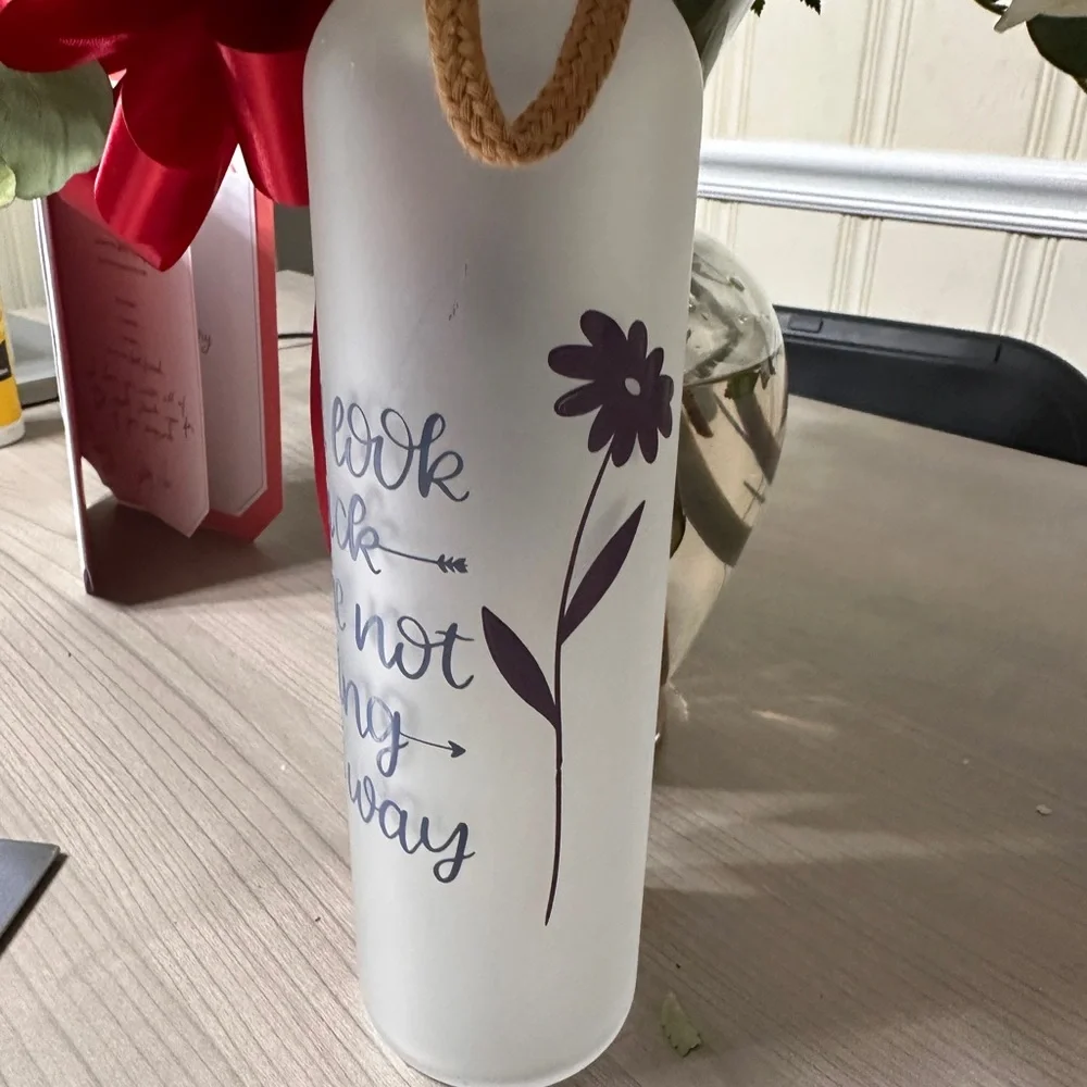 Inspirational Frosted Glass Water Bottle with Purple Design